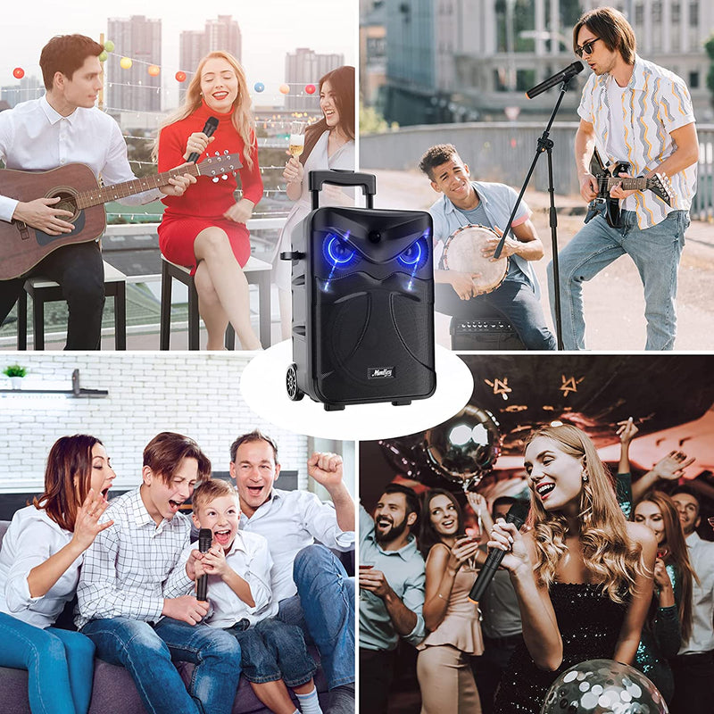 Moukey Portable PA Stereo System Moukey Outdoor rechargeable Karaoke Machine 5.0 Bluetooth with 10" Subwoofer, DJ Light, 2 wireless microphone, recording function, MP3/USB/TF/FM Radio for Party-MTs10-3 British Specification plug - Donner music- UK